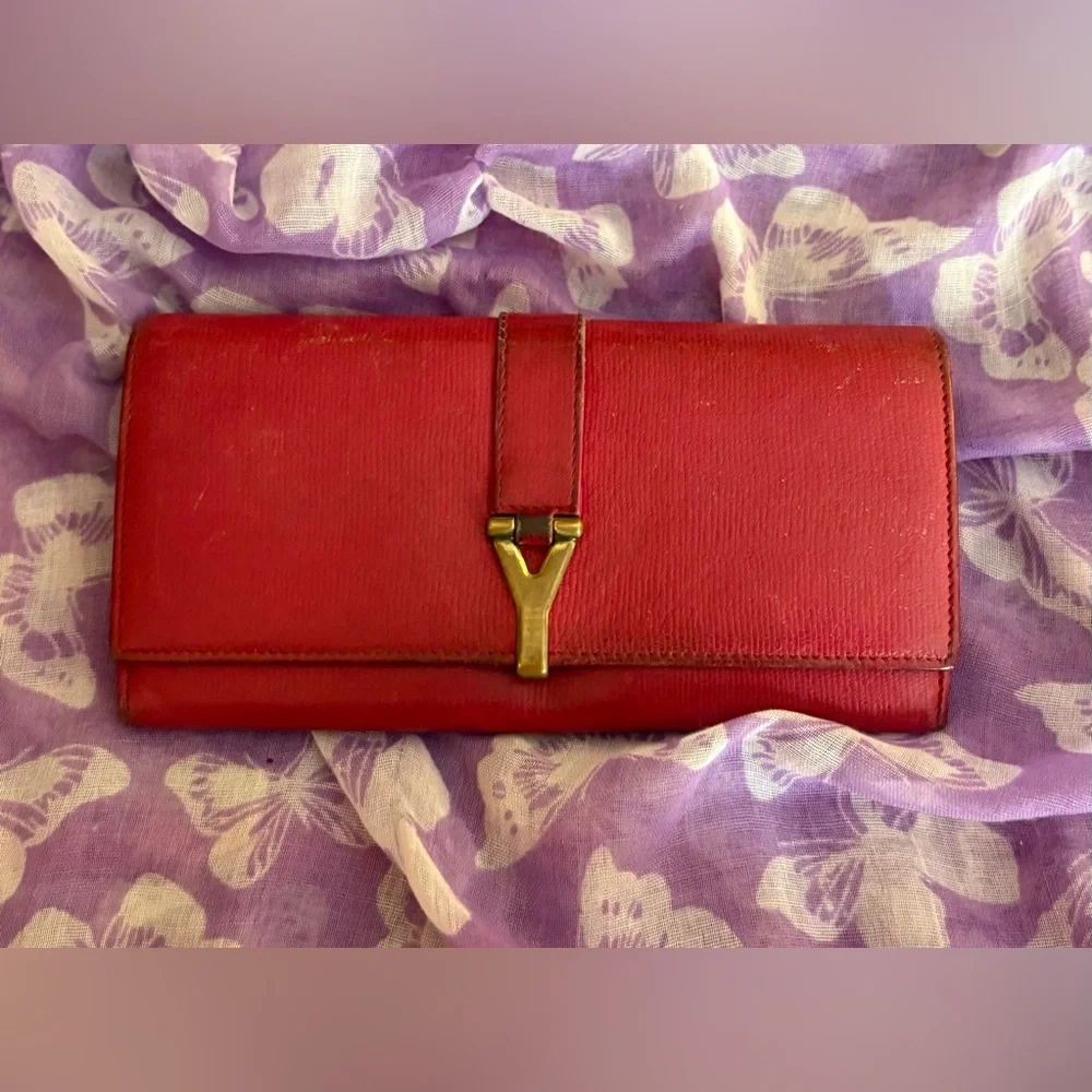 Yves Saint Laurent Red Leather Y-Logo Continental Wallet - Picture 1 of 10